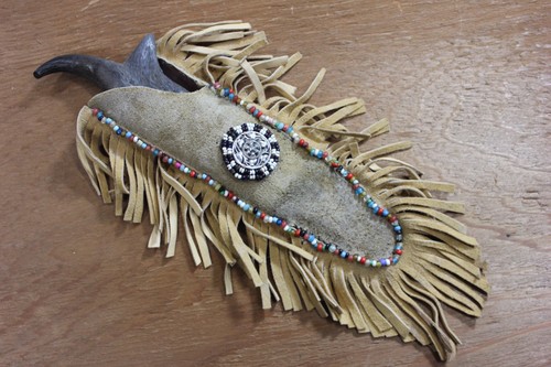 Native American Beaded Leather Sheath w/ Buffalo Horn Skinning Knife
