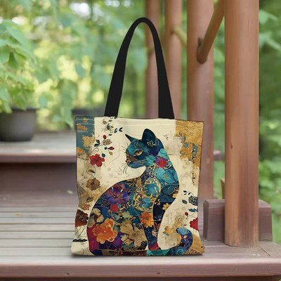 Floral Cat Canvas Tote Bag   Aesthetic Lightweight Shoulder Shopping Bag