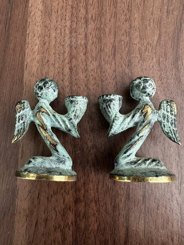 Walter Bosse Inspired Pair Mini Brass Angels Candle Holders Verdigris Christmas