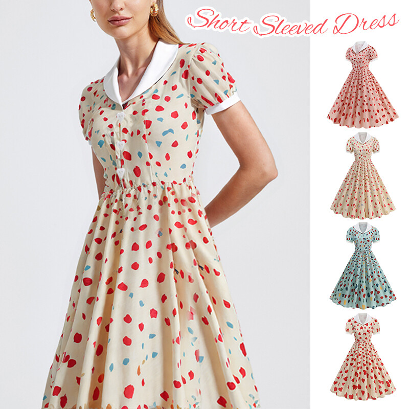 2018 print dress woman retro Retro Heart Printed Swing Women's Dress Vintage Lapel Short Lantern Sleeve  Dress