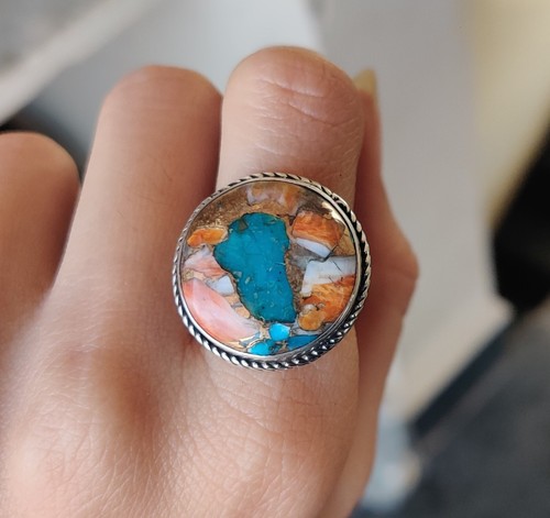 Oval Spiny Oyster Copper Turquoise Sterling Silver Ring | December Birthstone Ring | Multi Colored Turquoise Ring - Gilded Bug Jewelry