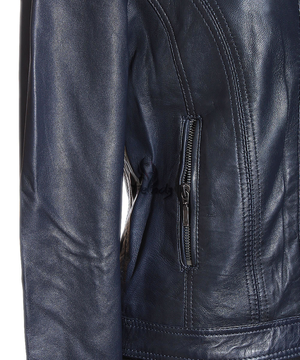Ladies MILA Dark Blue Biker Style Designer Retro Real Lambskin Leather Jacket