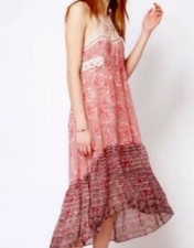 Free People Native Rose Pink Lace Bohemian Midi Patchwork Dress size 4