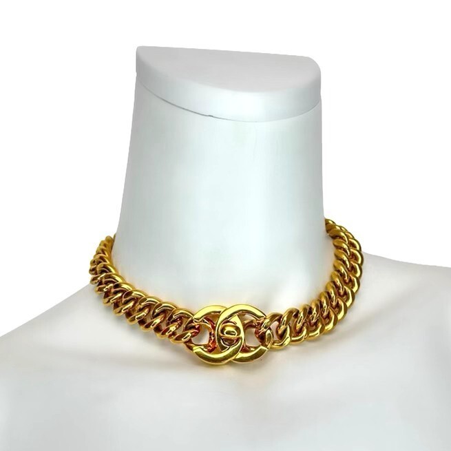 CHANEL 96P Iconic Gold Plated Logo CC Turnlock Thick Curb Chain