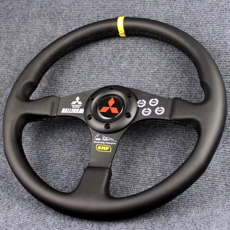 OMP 350mm 14' Mitsubishi Genuine Leather Flat Black Racing Sport