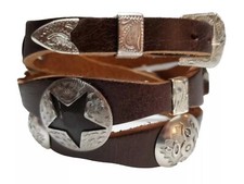 Scalloped HATBAND Brown LEATHER w STAR, Rectangle + TRIBAL CONCHO'S & Buckle Set