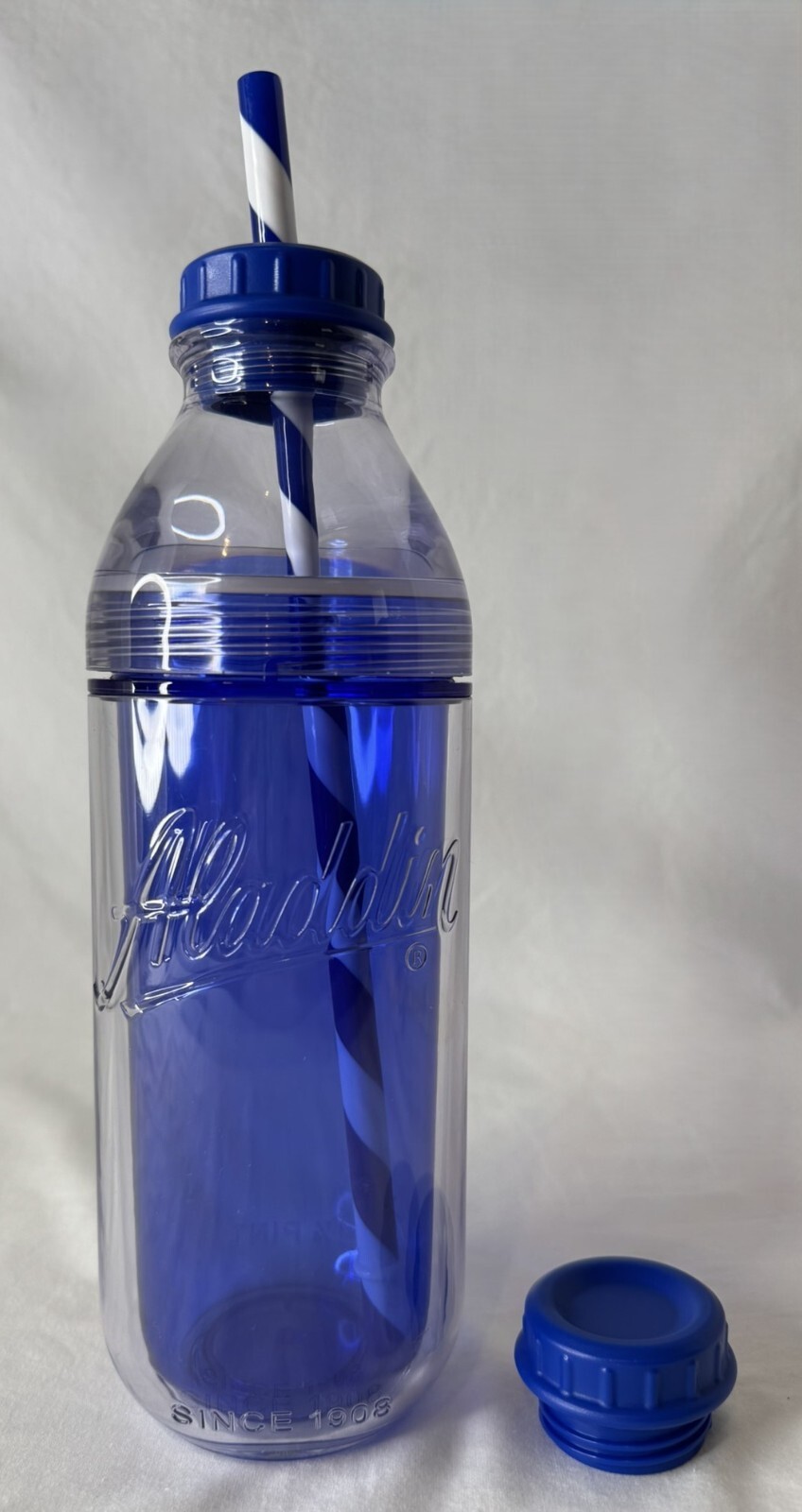Aladdin Cafe To-Go Water Bottle 20 Oz Two-Way Lid Blue Milk 