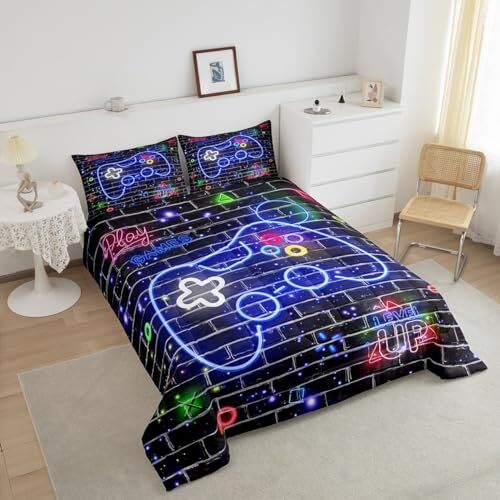 Gaming Kids Comforter Set for Boys Men,Gamepad Kids Bedroom Twin Blue