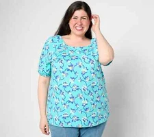 Denim & Co. Prntd Favorite Jersey Square Neck Elbow Slv Top-Aqua-Medium-A639554