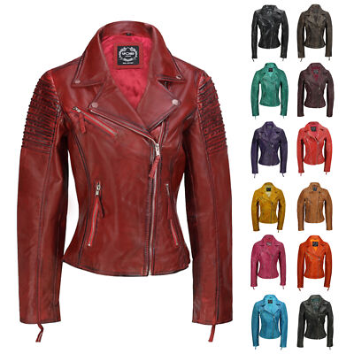 AYESHA - Damen Frauen weiche Echtleder Slim Fit Reißverschluss Vintage Biker Jacke