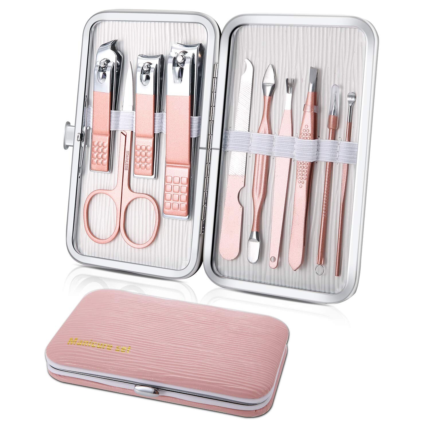 10pcs Pink Manicure Set Travel Nail Clippers Kit Pedicure Care Tools Fits Gift