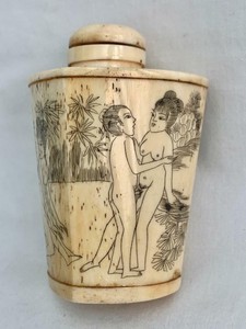 Chinese Vintage Erotic Hand Etched Bovine Snuff Bottle.
