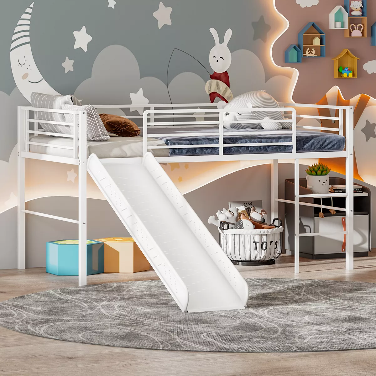Giantex Metal Loft Bed Frame w Slide Guardrails Ladder Singe Low