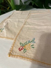 Pair of Vintage Embroidered Linen Napkins Handkerchiefs Flower Pot Embroidery