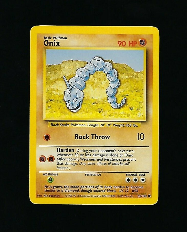 Onix 56/102 - Pokemon Card Unlimited Edition Rare Non Holo Base Set 1999 - NM/M