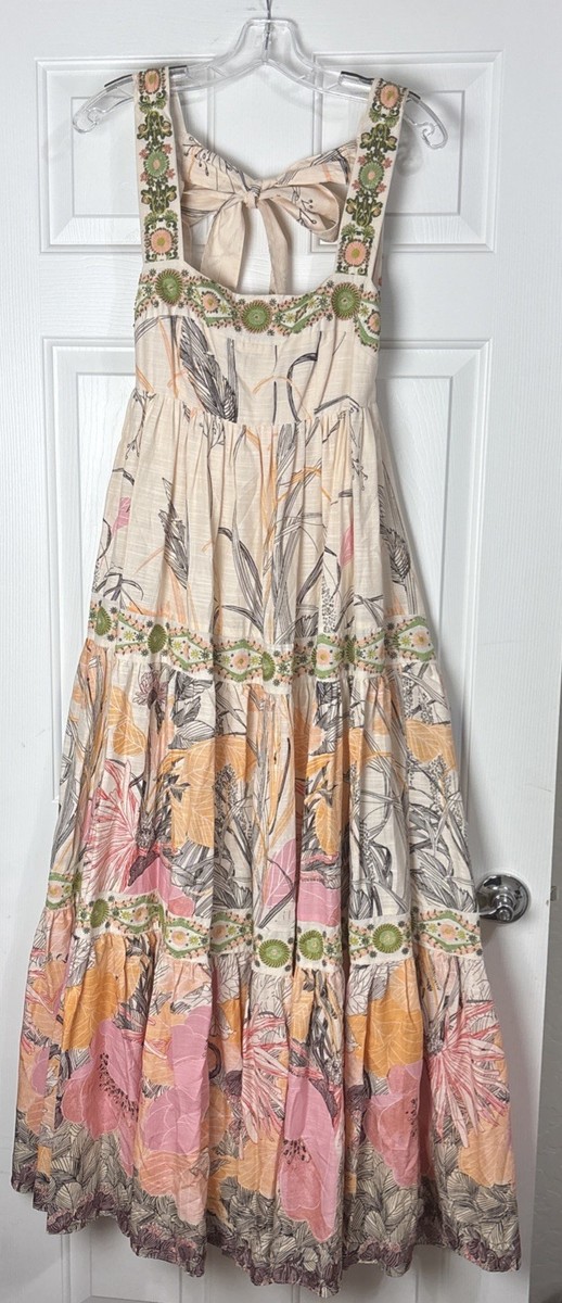 knee length dresses for ladies Anthropologie Floral Printed Ruffle Maxi Long Dress  White Chocolate  Couture