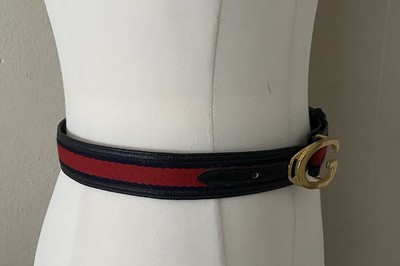 Rare Vintage Gucci G Logo Dark Navy Leather Belt Red Cotton Stripe Rare Vintage Gucci G Logo Dark Navy Leather Belt Red Cotton Stripe