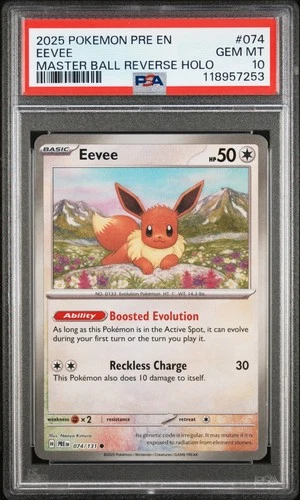 2025 Pokemon Prismatic Evolutions Eevee #074 PSA 10 Master Ball Reverse Holo