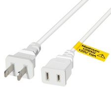 3FT Short White Extension Cord Thin Flexible 2-Prong Single Outlet 1250W 10A ...