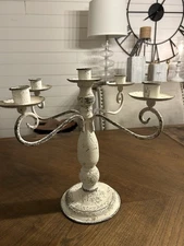 Candelabra Farmhouse Cottage White Distressed Candle Holder  Rustic