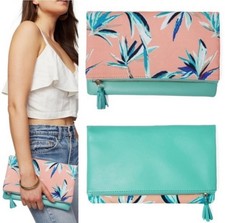 RACHEL PALLY REVERSIBLE Foldover CLUTCH Palm Coral Mint Tropical Resort Summer