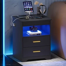 LED Nightstand with Lockable Gun Drawer，End Table with Charging Station
