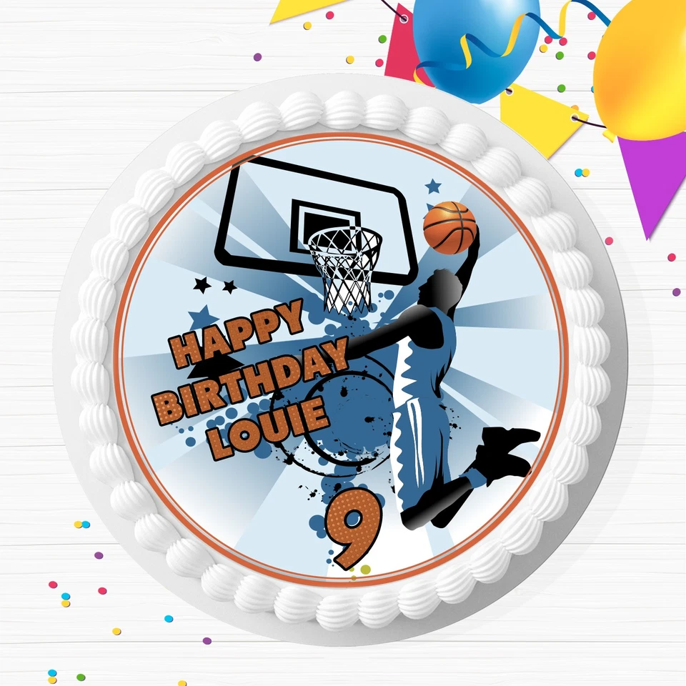 BASKETBALL BIRTHDAY PARTY PERSONALISED EDIBLE CAKE TOPPER & CUPCAKE TOPPERS B096