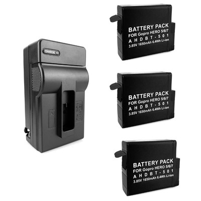 GoPro HERO 5 6 7 Battery & Charger Kit 3 Pack Rechargeable Action Camera Battery