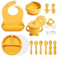 17 Piece Baby Led Weaning Supplies Silicone Feeding Set Suction Plate Yellow