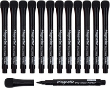 Magnetic Dry Erase Markers - Fine Tip, Black Color, 12 Pack, Low Odor