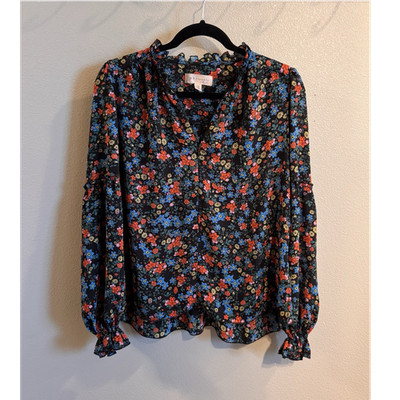 Philosophy Black Red Blue Floral V-Neck Ruffle Long Sleeve 3/4 Zip Blouse, M