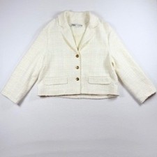 Zara Womens Cropped Tweed Blazer Ecru Off White Gold Button Jacket Size M