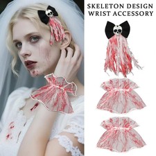 Halloween Blood Mesh Short Fingerless Wrist Gloves Spooky Skull Bow Hairpins