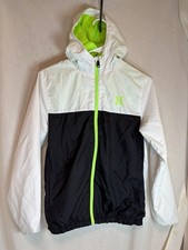 Hurley Windbreaker White Black Hooded Boys Rain Jacket Size L 12-13 EUC