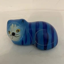 Vintage Handmade Tonala Mexico Folk Art Pottery Blue Cat Figurine Small Signed