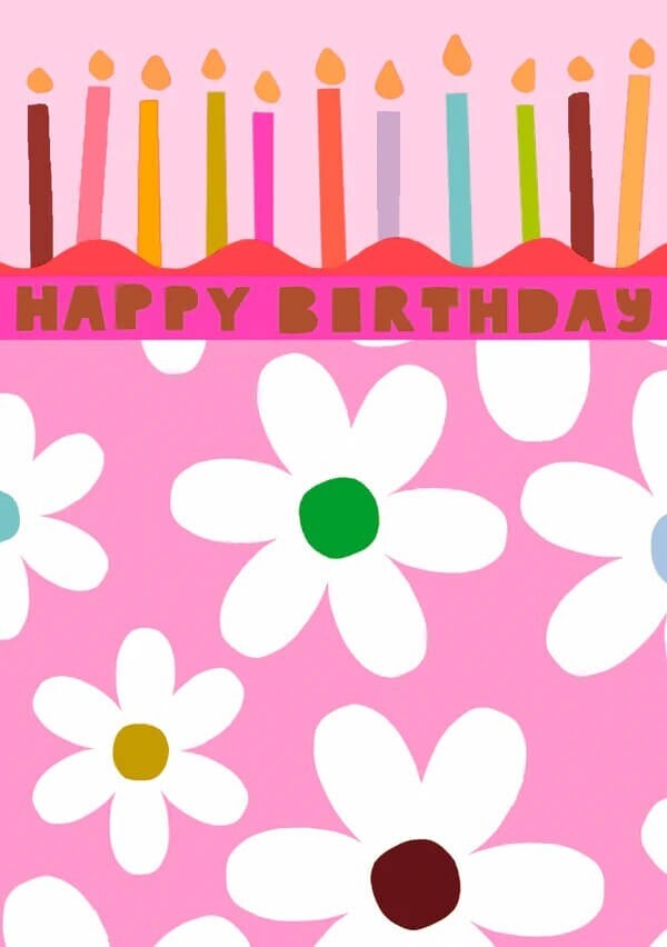 Bright Birthday Card Happy Flower Neon Candles Pink - Fun Embossed Greeting Card