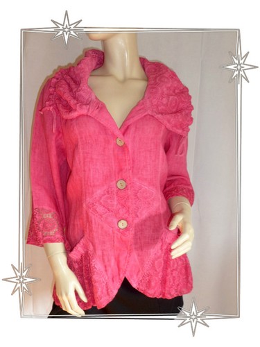 Magnifique Veste Blazer Fantaisie en Lin  Dentelle Rose Framboise Taille 1 - 44  - Foto 1 di 8