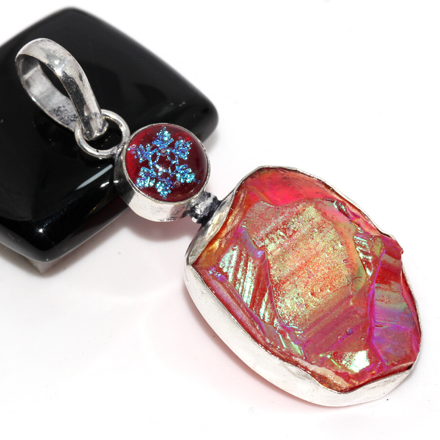 Pink Titanium Aura Quartz Opalite 925 Silver Plated Long Pendant 2.3