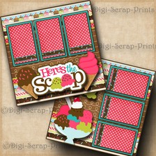  HERE'S THE SCOOP  ice cream 2 premade scrapbook pages paper layout DIGISCRAP