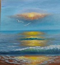 Oil painting canvas 20×20( 8*8 seascape sunset unique unframed