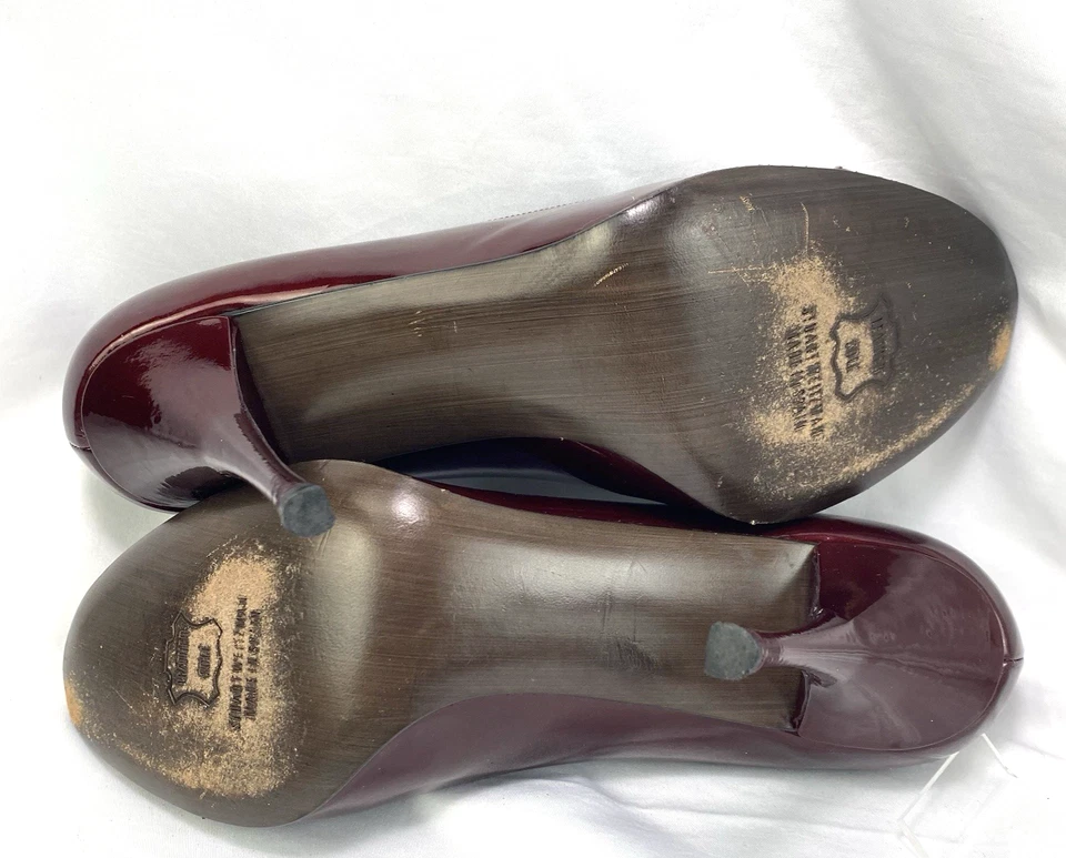 Stuart Weitzman Stiletto Pumps Women's Size 9M Patent Leather Peep Toe Burgandy - Image 4 of 4