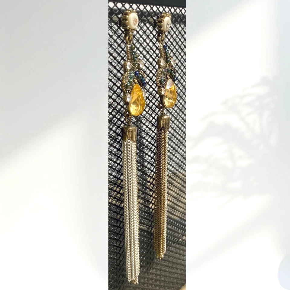 Rhinestone Chain Tassel Drop Earrings Pierced Long Beaded Dangle Antiqued Boho - Image 3 of 4