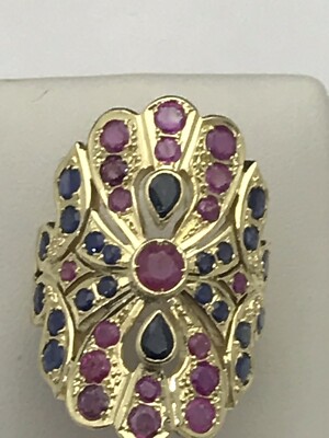 18K Gelbgold runder Saphir rosa Rubin kein Diamant Cocktail Ring Band 14,5