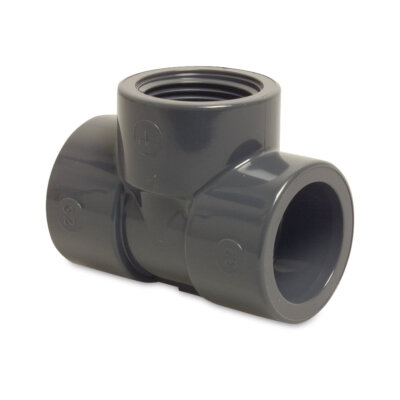 Mega T-Stück 90° PVC-U Klebemuffe x Innengewinde x Klebemuffe 10 bar Grau