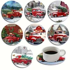 Coasters 8pc Christmas Truck Themed Wooden Coasters Vintage Red Truck Design