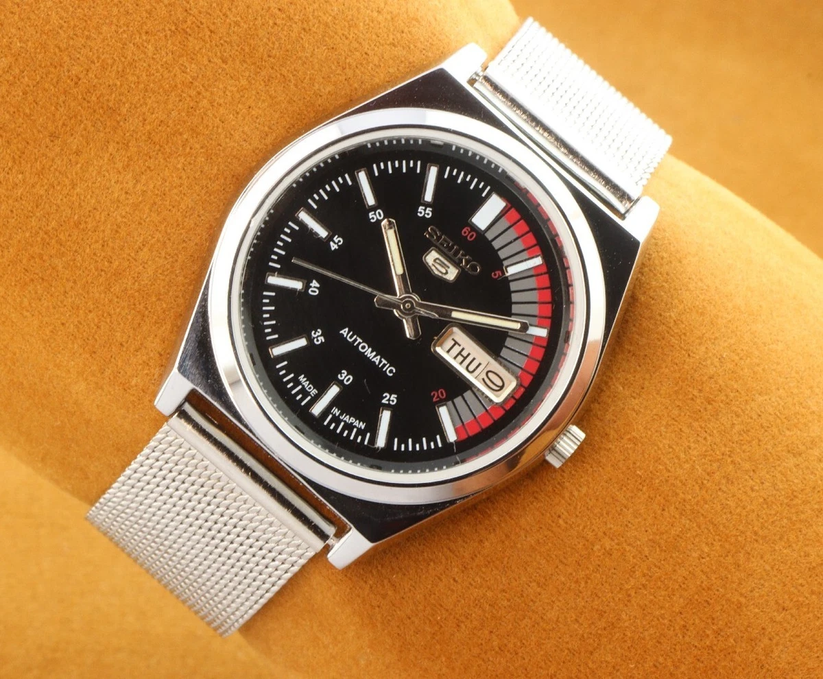 Seiko 5 black leather strap sale