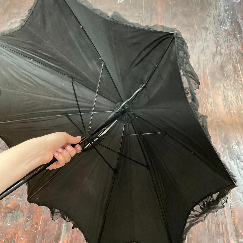Antique Victorian Black Chiffon Mesh Mourning Parasol with Wooden Shaft Handle - Image 4 of 4