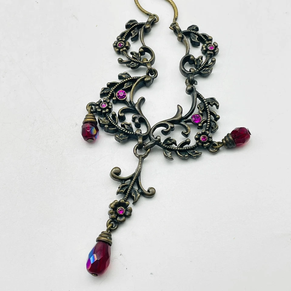 雅芳扇形面板项链黄铜红色珠子花卉Swag自然植物 — 第 4/4 张图片