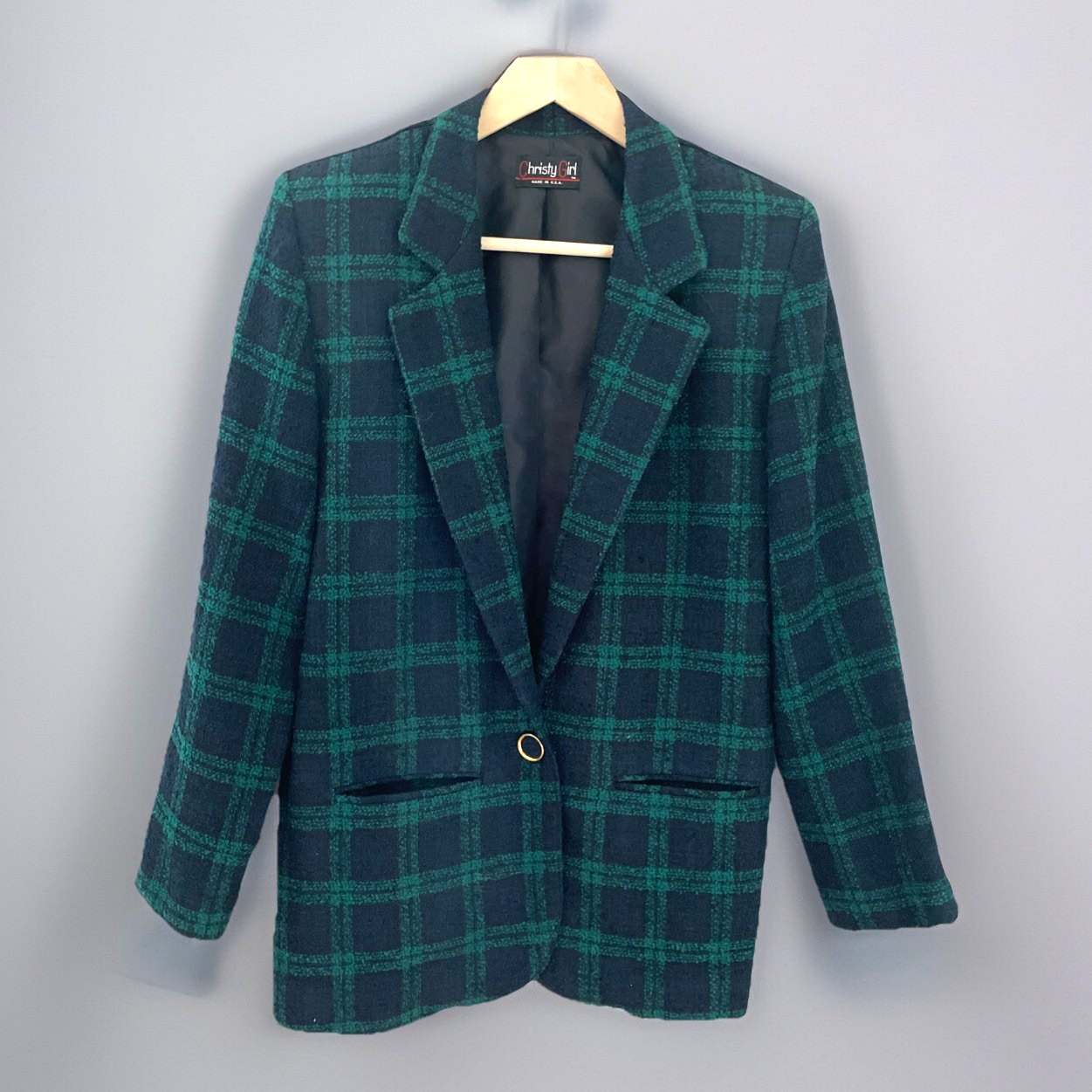 VTG 90s Blackwatch Plaid Blazer Women's 8 Navy Kelly Textured Union Made Preppy