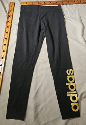 Adidas Pants Youth Girls Medium 12/14 Black Gold Glitter Logo Pull On Stretch 
